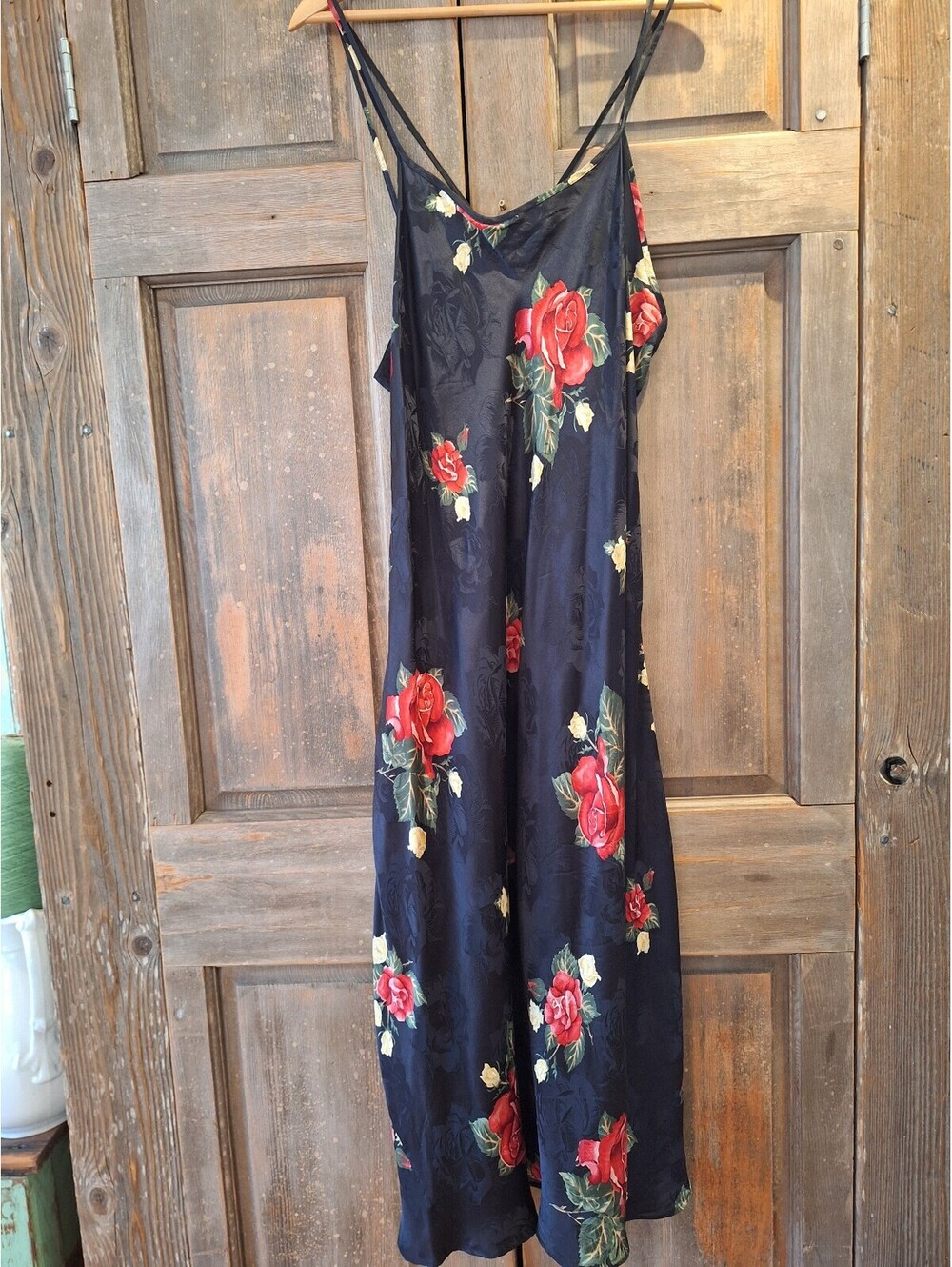 Vintage 100% silk slip dress, babydoll, lingerie, Large, black floral, roses.